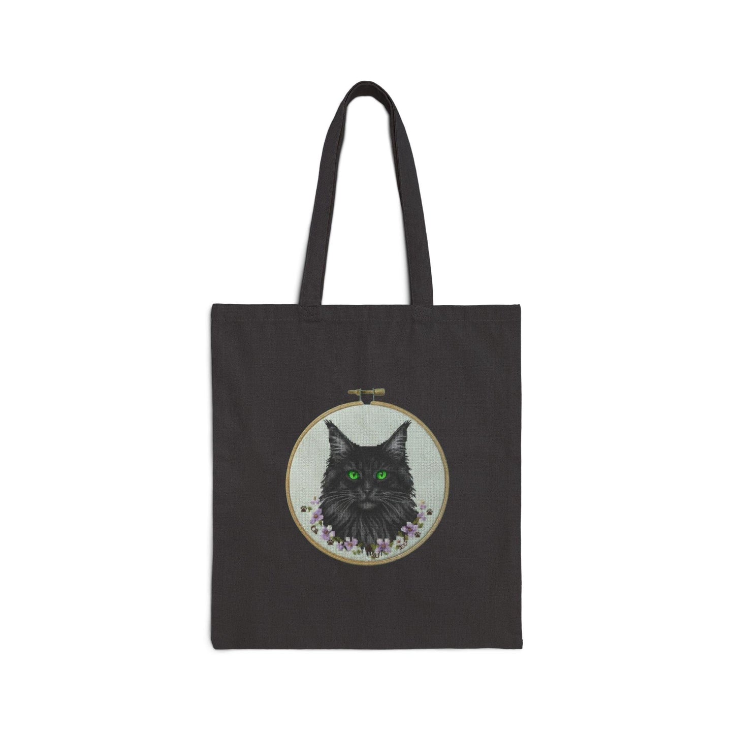 Black Cat Portrait Tote Bag | Embroidery Hoop Illustration, Green Eyes