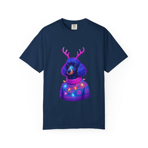 Poodle with Antlers in Light-Up Sweater T-Shirt | Neon Holiday Dog Design