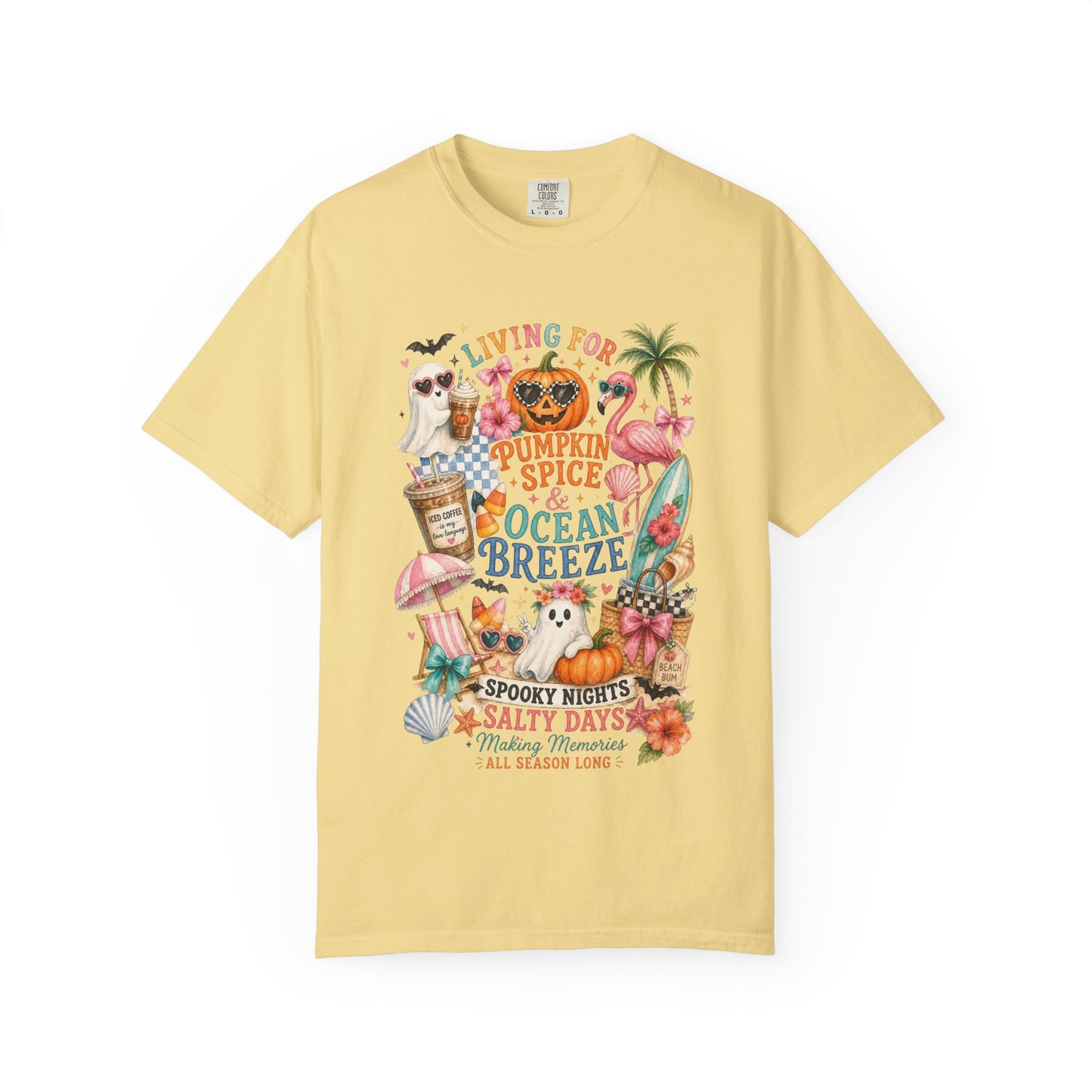 Pumpkin Spice & Ocean Breeze T-Shirt, Summerween Flamingo Shirt, Halloween Beach Tee, Tropical Spooky Season Graphic, Fall Vacation Shirt
