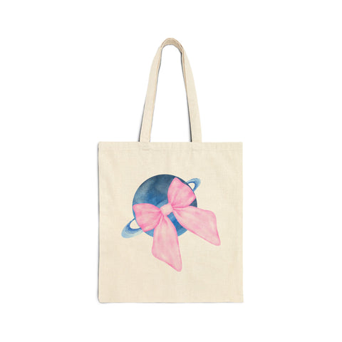 Blue Saturn Wrapped In Pink Bow Cotton Canvas Tote Bag
