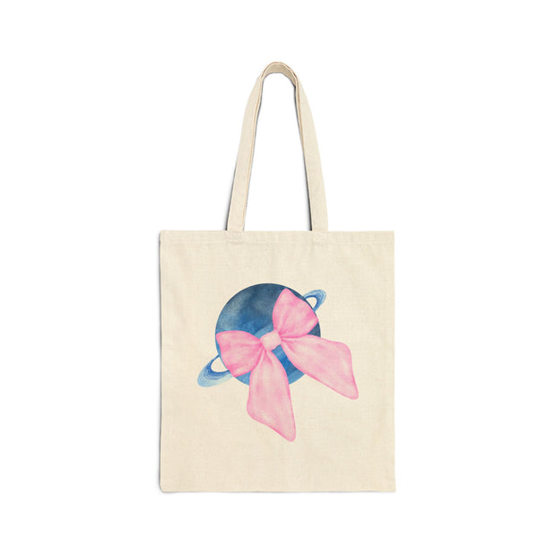 Blue Saturn Wrapped In Pink Bow Cotton Canvas Tote Bag