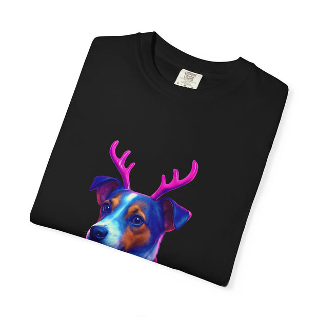 Jack Russell in Reindeer Sweater T-shirt | Neon Holiday Dog Design
