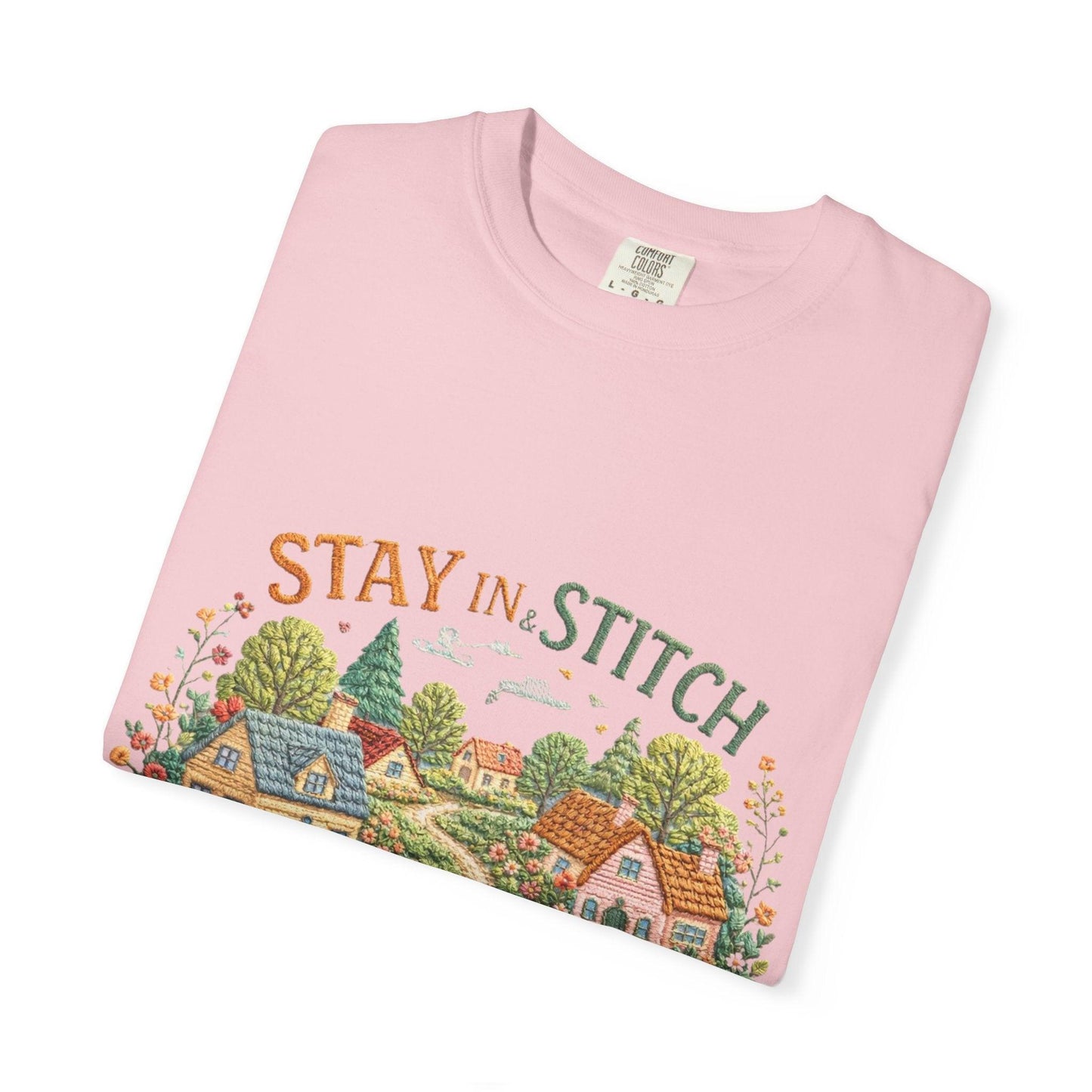 Stay In and Stitch Shirt, Cottagecore Sewing Tee, Grandma Hobbies Top, Vintage Cross Stitch Floral Village