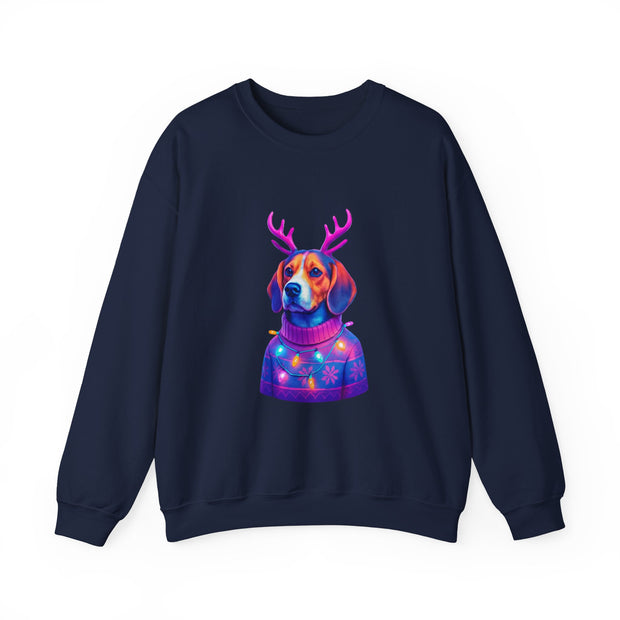 Beagle with Reindeer Antlers Sweatshirt | Colorful Holiday Dog Illustration