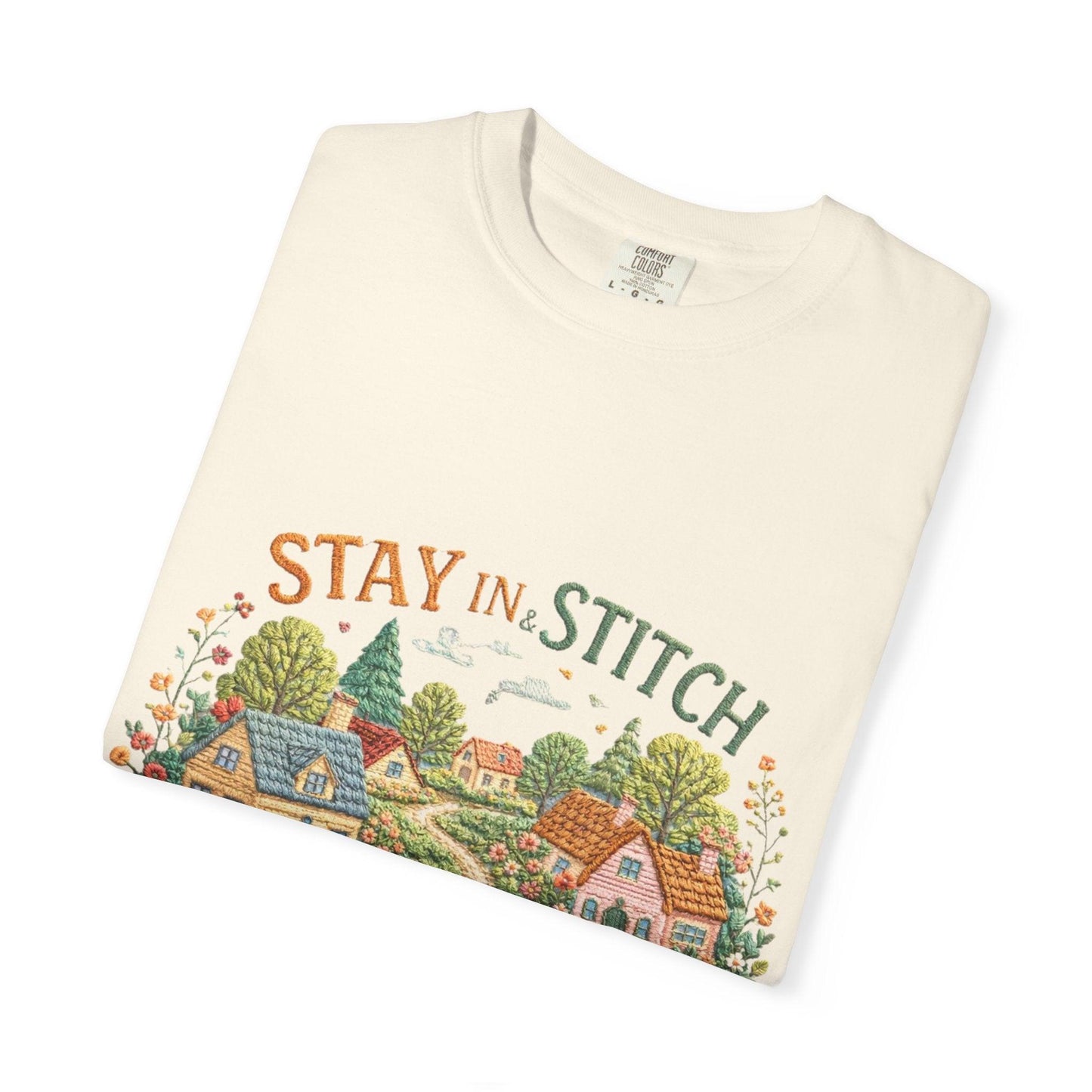 Stay In and Stitch Shirt, Cottagecore Sewing Tee, Grandma Hobbies Top, Vintage Cross Stitch Floral Village