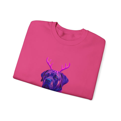 Neon Reindeer English Mastiff Sweatshirt | Dog with Antlers, Holiday Lights Sweater