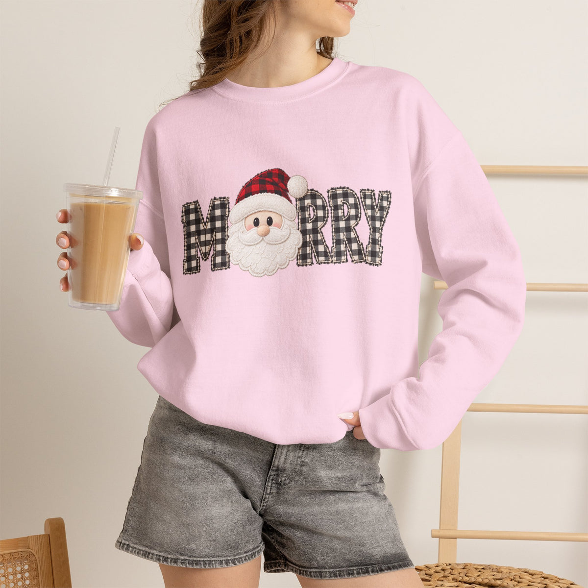 Merry Christmas Sweatshirt, Santa Christmas Crewneck, Plaid Holiday Sweater, Cute Santa Shirt, Cozy Christmas Gift for Her