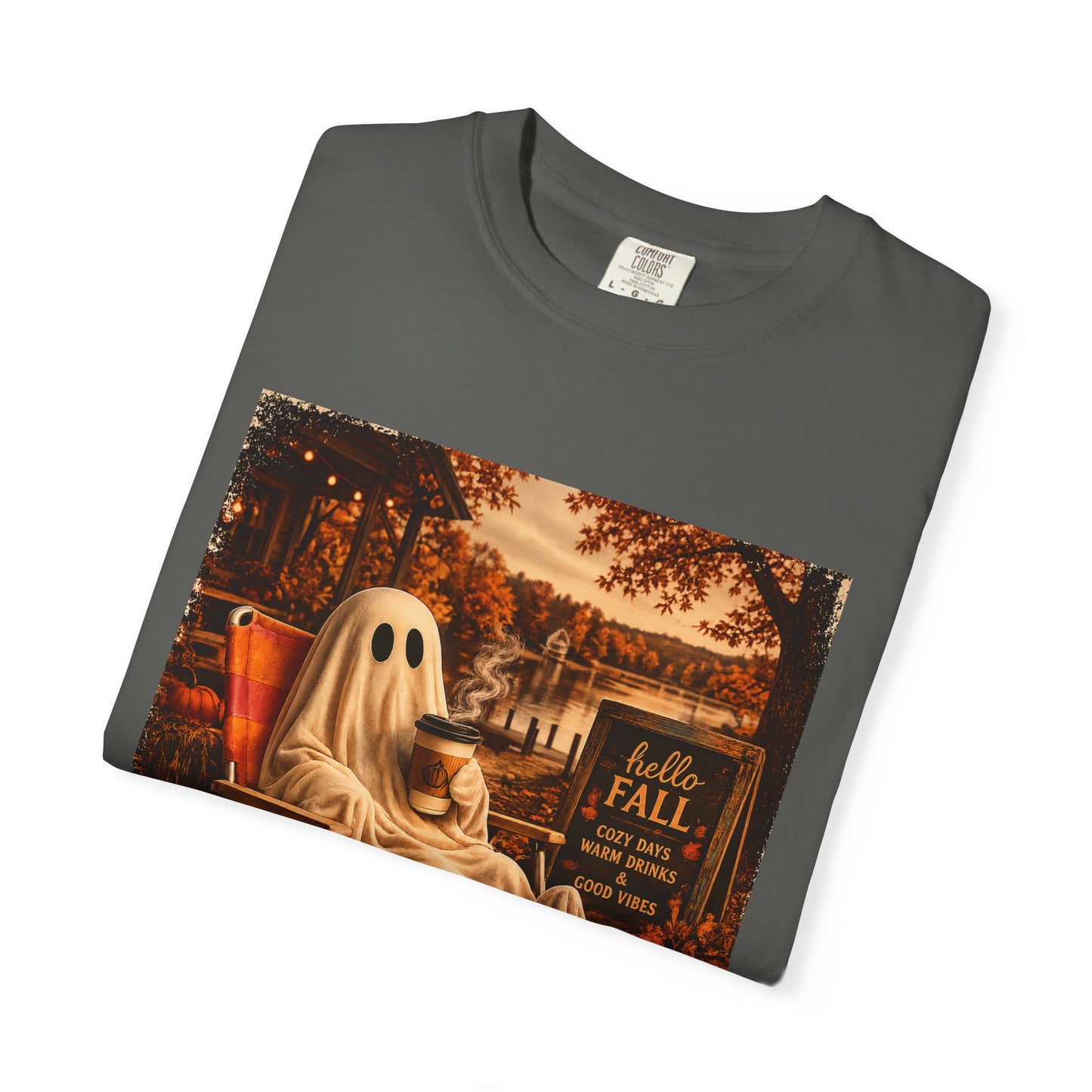 Cozy Ghost in Chair Fall T-shirt | Autumn Leaves, Retro Halloween Scene, Summerween