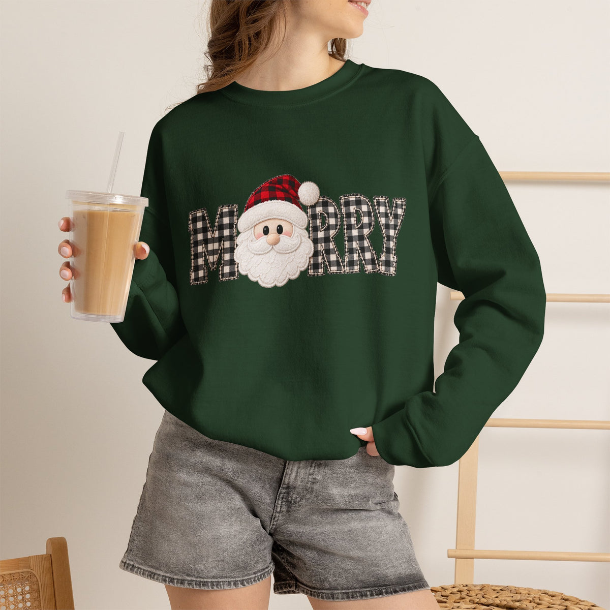 Merry Christmas Sweatshirt, Santa Christmas Crewneck, Plaid Holiday Sweater, Cute Santa Shirt, Cozy Christmas Gift for Her