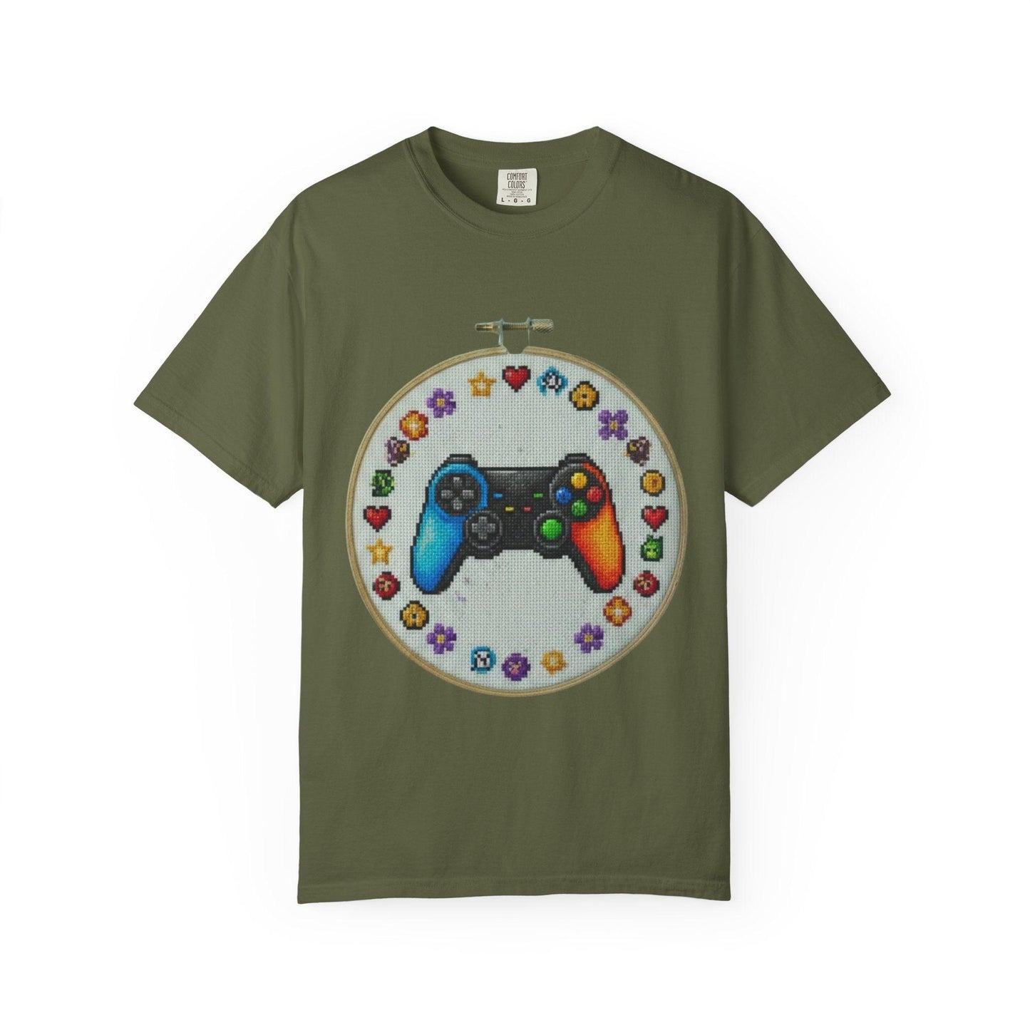 Rainbow Game Controller embroidery hoop T-Shirt | Gamer cross stitch design
