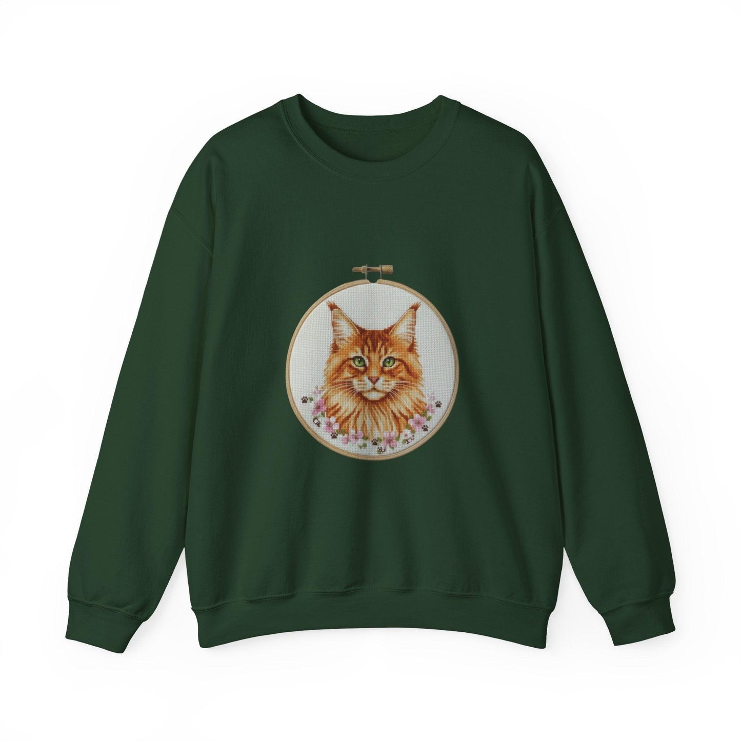 Orange Tabby Cat Sweatshirt, Cat Mom Gift, Cross Stitch Cat Portrait, Embroidery Hoop Floral Crewneck