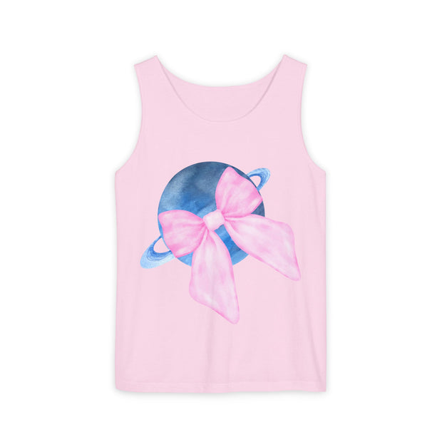 Blue Saturn Wrapped In Pink Bow Unisex Tank Top