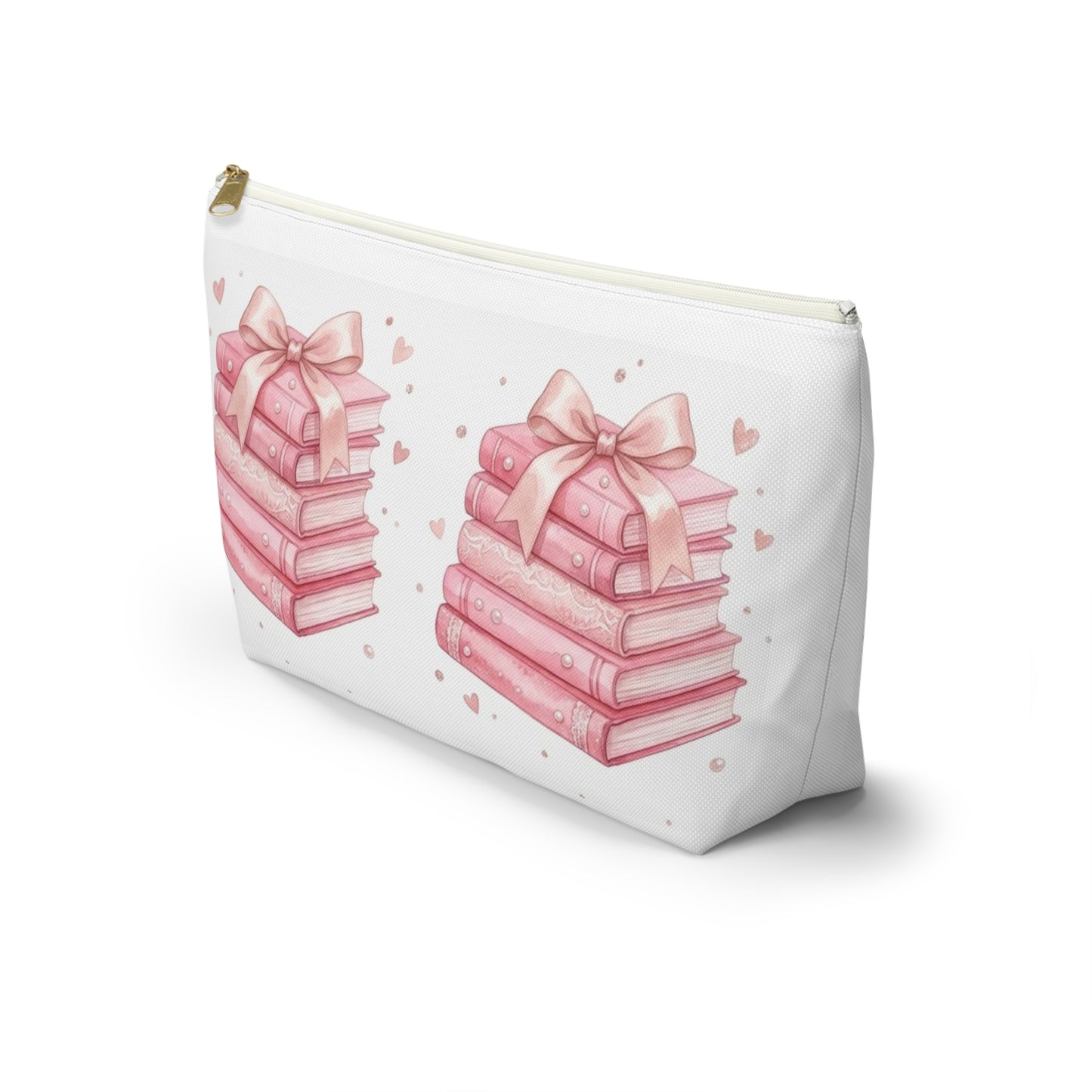 Stacked Pink Books with Bow Accessory Pouch | Cute Book Lover Cosmetic Bag