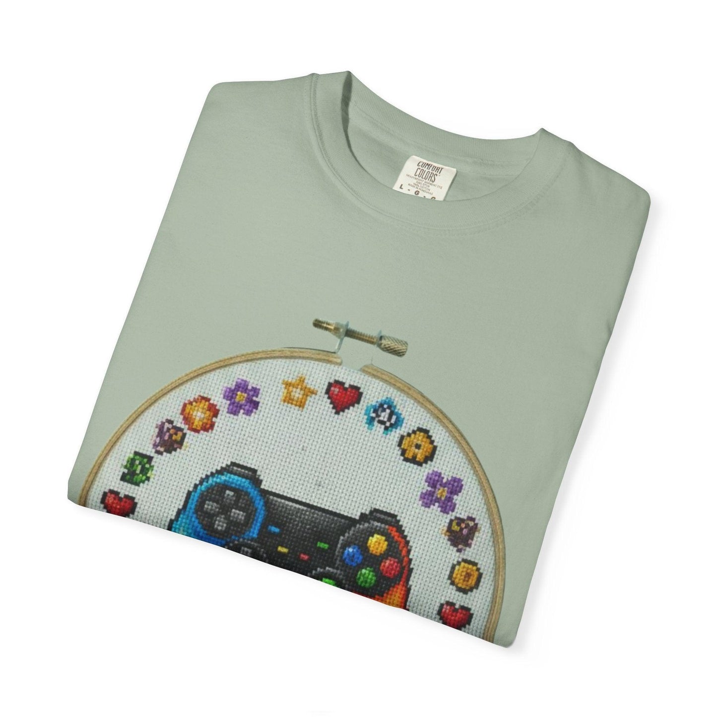 Rainbow Game Controller embroidery hoop T-Shirt | Gamer cross stitch design