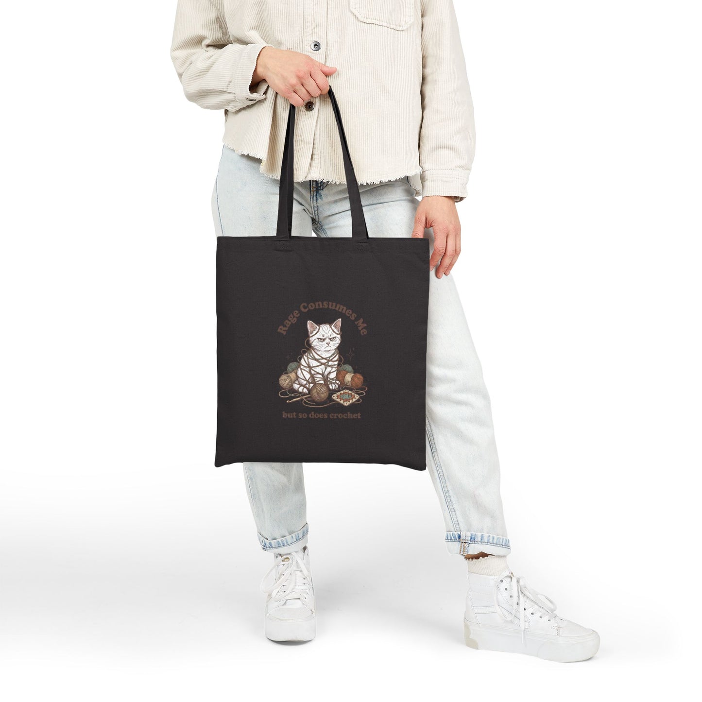Rage Consumes Me Crochet Tote Bag, Funny Yarn Lover Canvas Tote, Grandma Hobbies Bag, Crochet Cat Market Bag, Knitting Gift