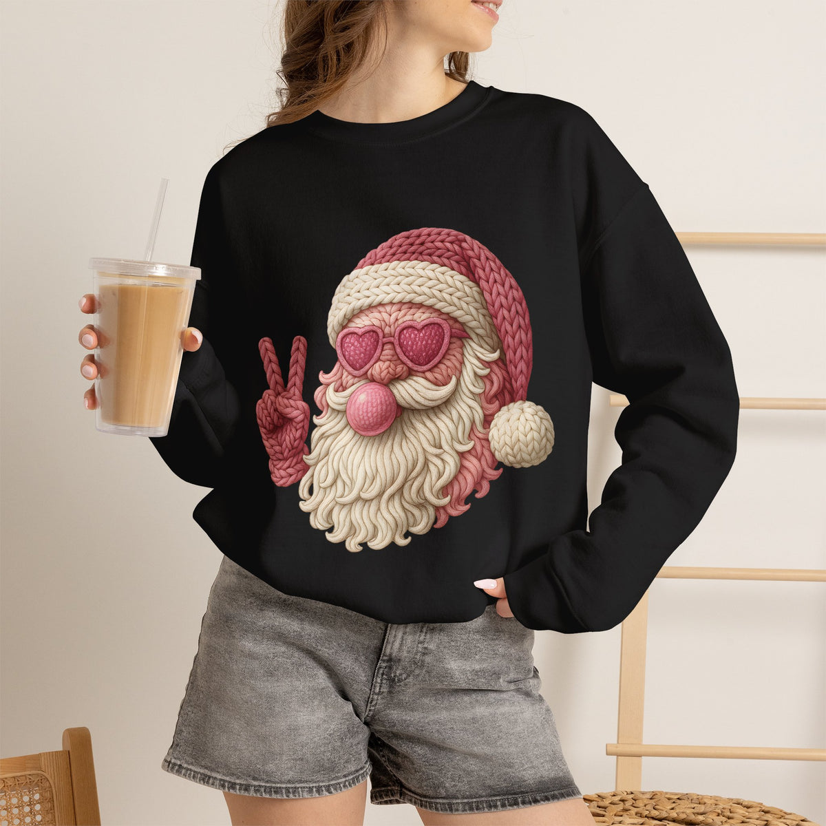 Pink Sunglasses Peace Sign Santa Sweatshirt | Retro Holiday Cozy