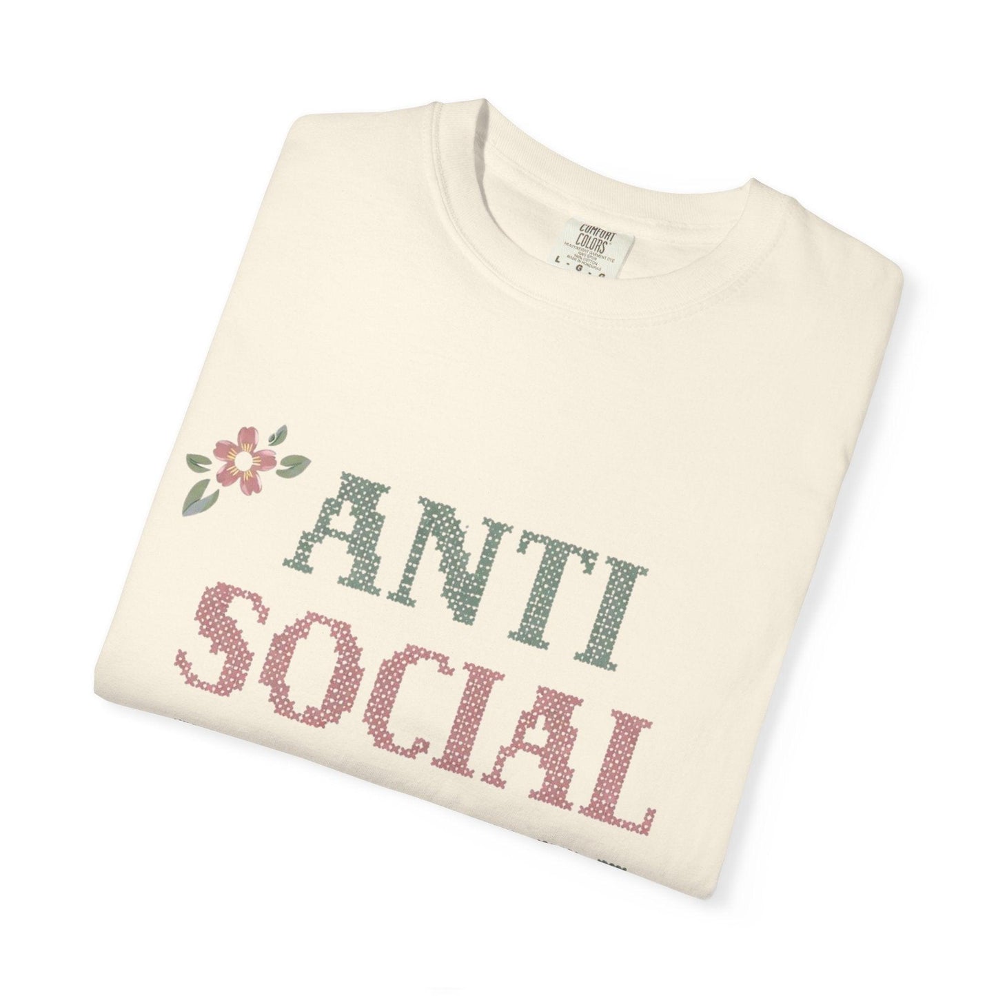 Anti Social Stitch Club T-shirt | Cross Stitch Floral Text Design