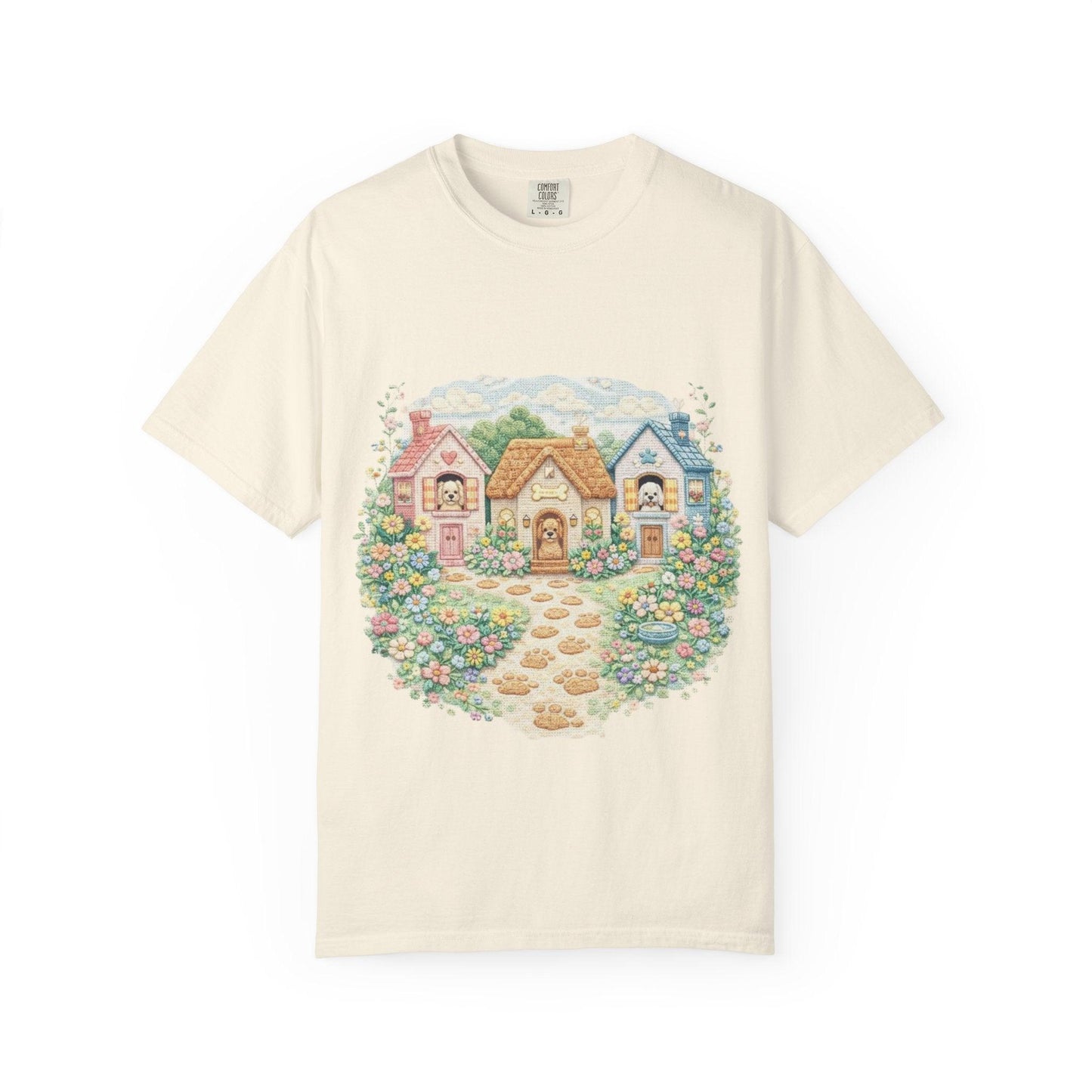 Cute Cottage Row illustration T-shirt | pastel village floral path