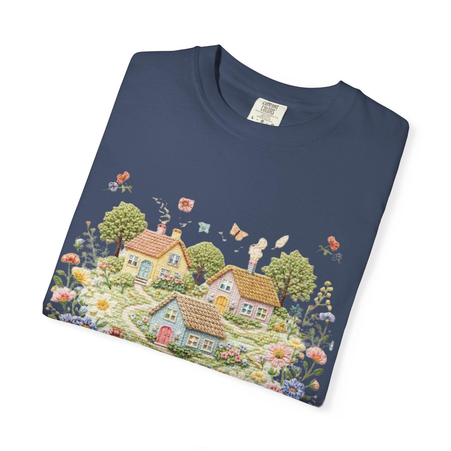 Cottage Garden Landscape T-shirt | Floral Village Illustration