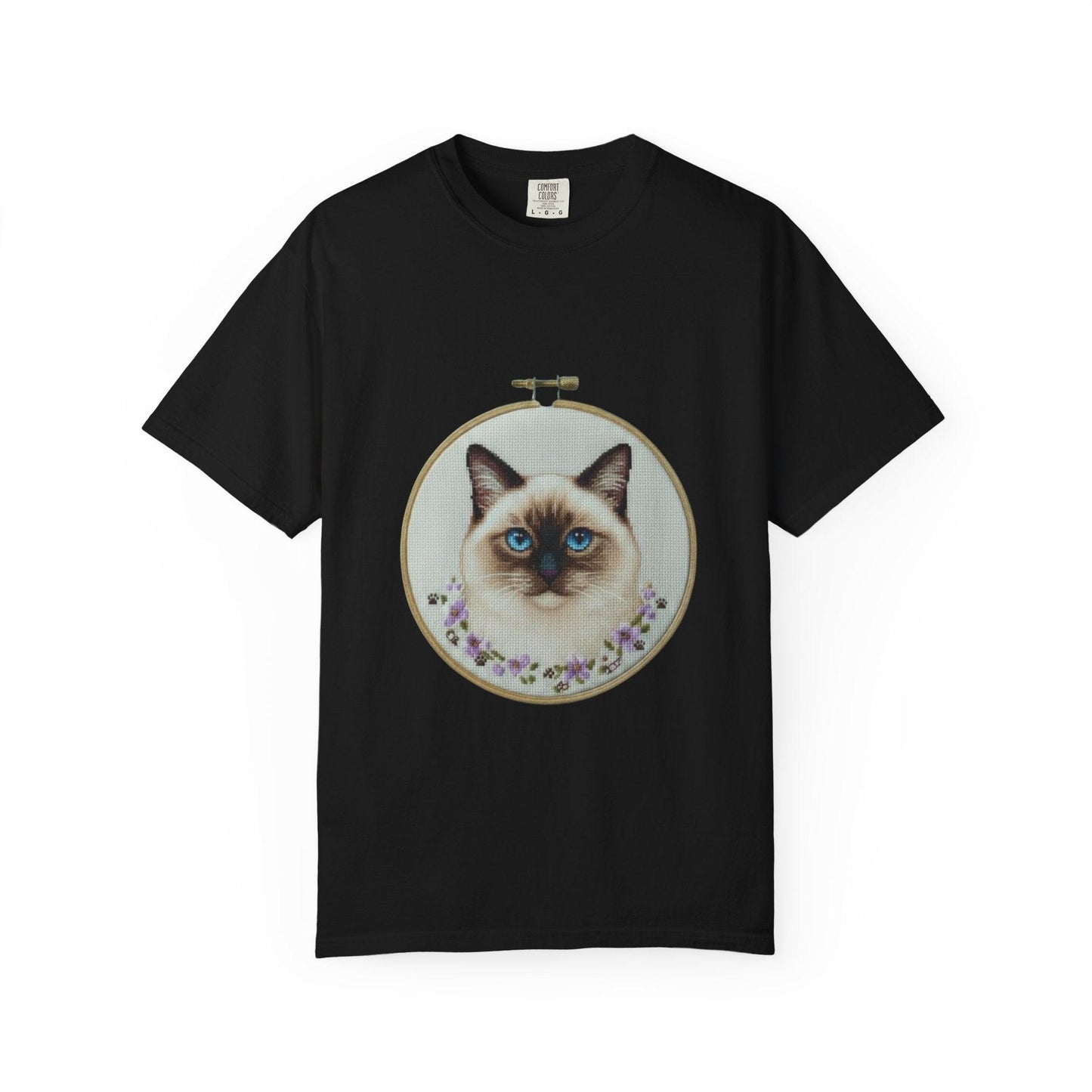 Blue-Eyed Siamese Cat Portrait T-Shirt | Embroidery Hoop Floral Design