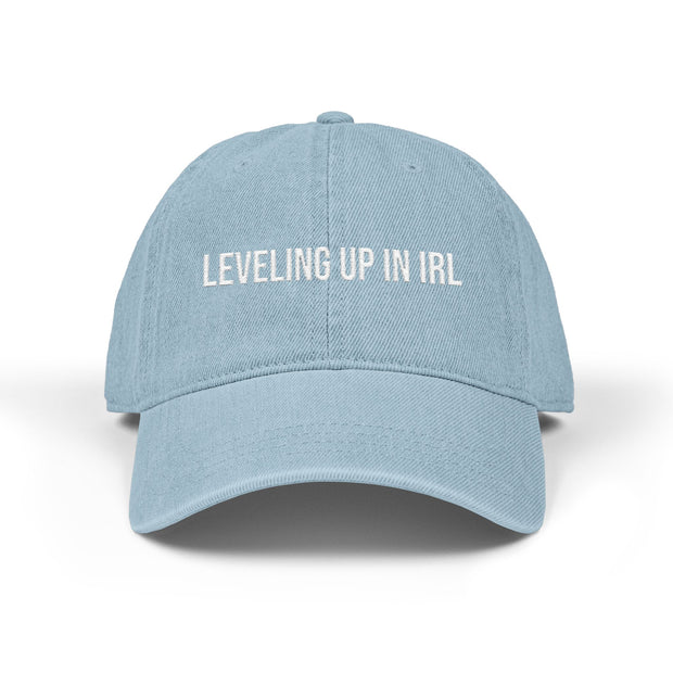 'Leveling Up in IRL' Denim Embroidered Cap