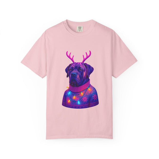 Neon English Mastiff Dog with Antlers T-Shirt | Christmas Sweater Lights Design