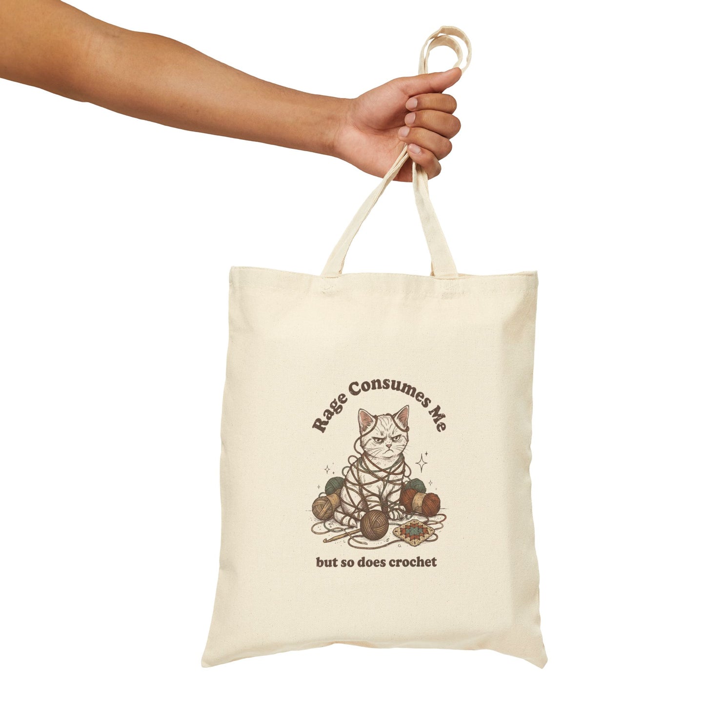 Rage Consumes Me Crochet Tote Bag, Funny Yarn Lover Canvas Tote, Grandma Hobbies Bag, Crochet Cat Market Bag, Knitting Gift