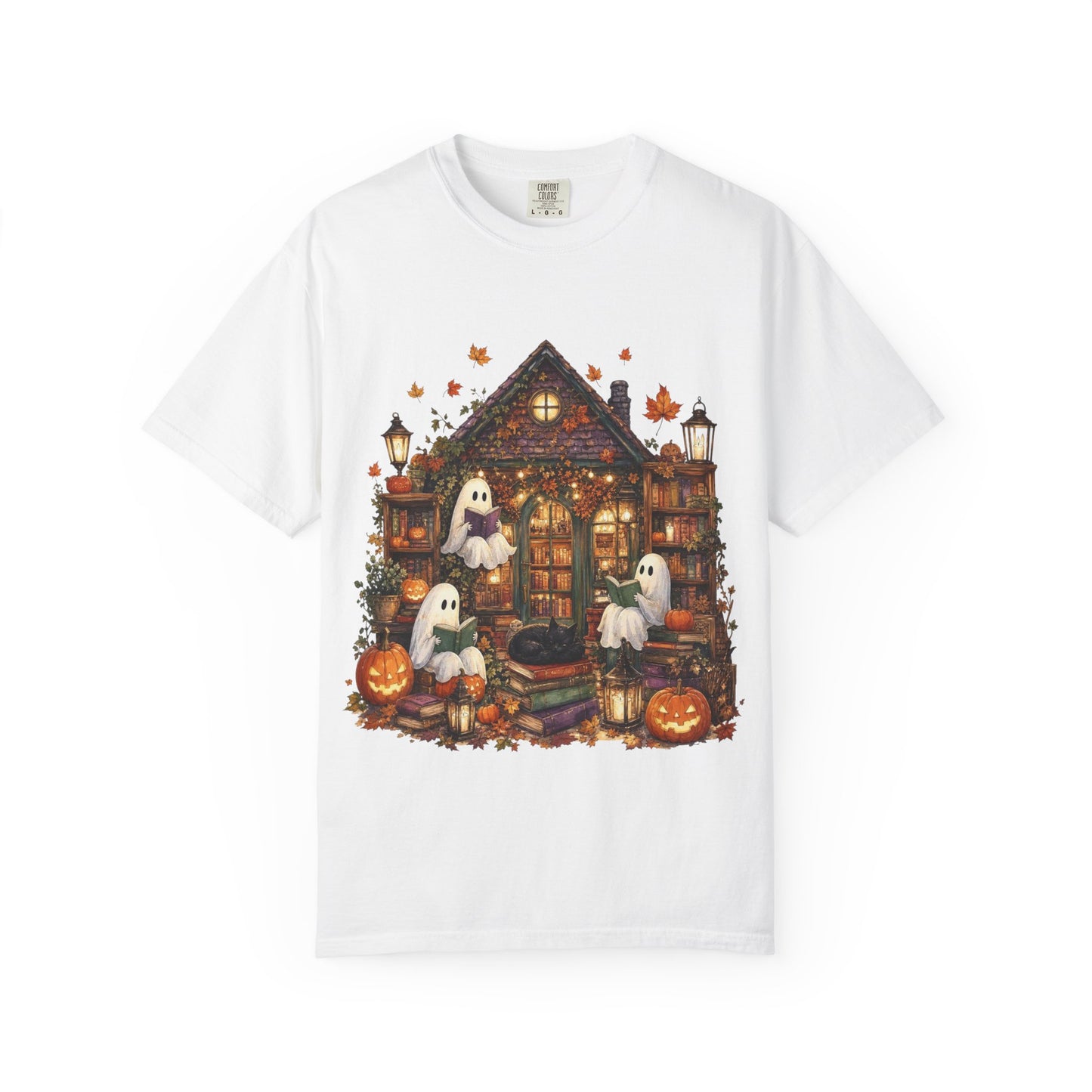 Cute Ghosts Haunted House T-Shirt, Halloween Pumpkin Shirt, Autumn Leaves Graphic Tee, Spooky Cute Fall Shirt, Cozy Halloween Gift