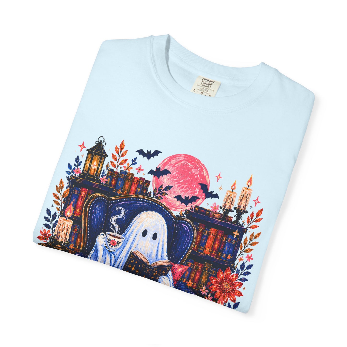 Cozy Reading Ghost T-Shirt | Bookish Halloween Illustration