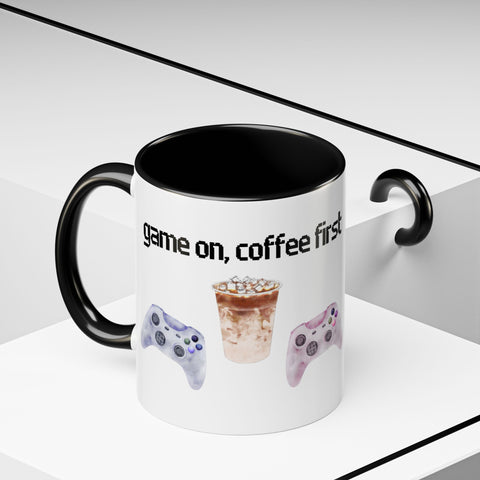 'Game On, Coffee First' Accent Coffee Mug