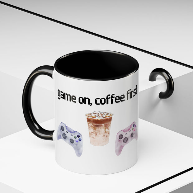 'Game On, Coffee First' Accent Coffee Mug