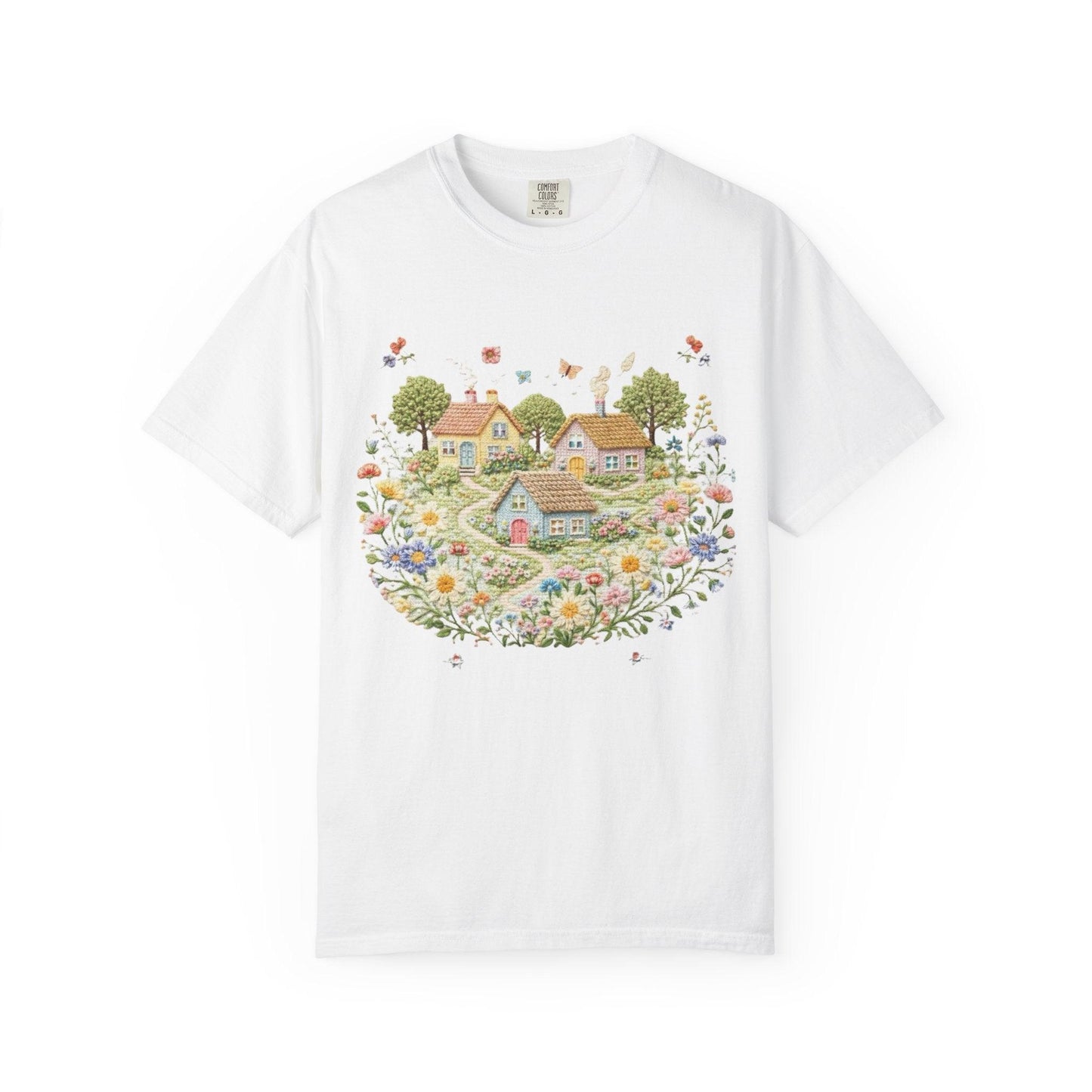 Cottage Garden Landscape T-shirt | Floral Village Illustration