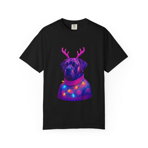 Neon English Mastiff Dog with Antlers T-Shirt | Christmas Sweater Lights Design
