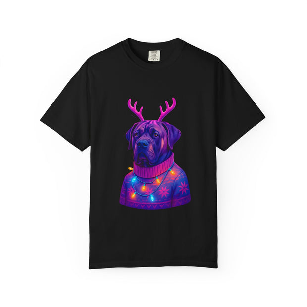 Neon English Mastiff Dog with Antlers T-Shirt | Christmas Sweater Lights Design