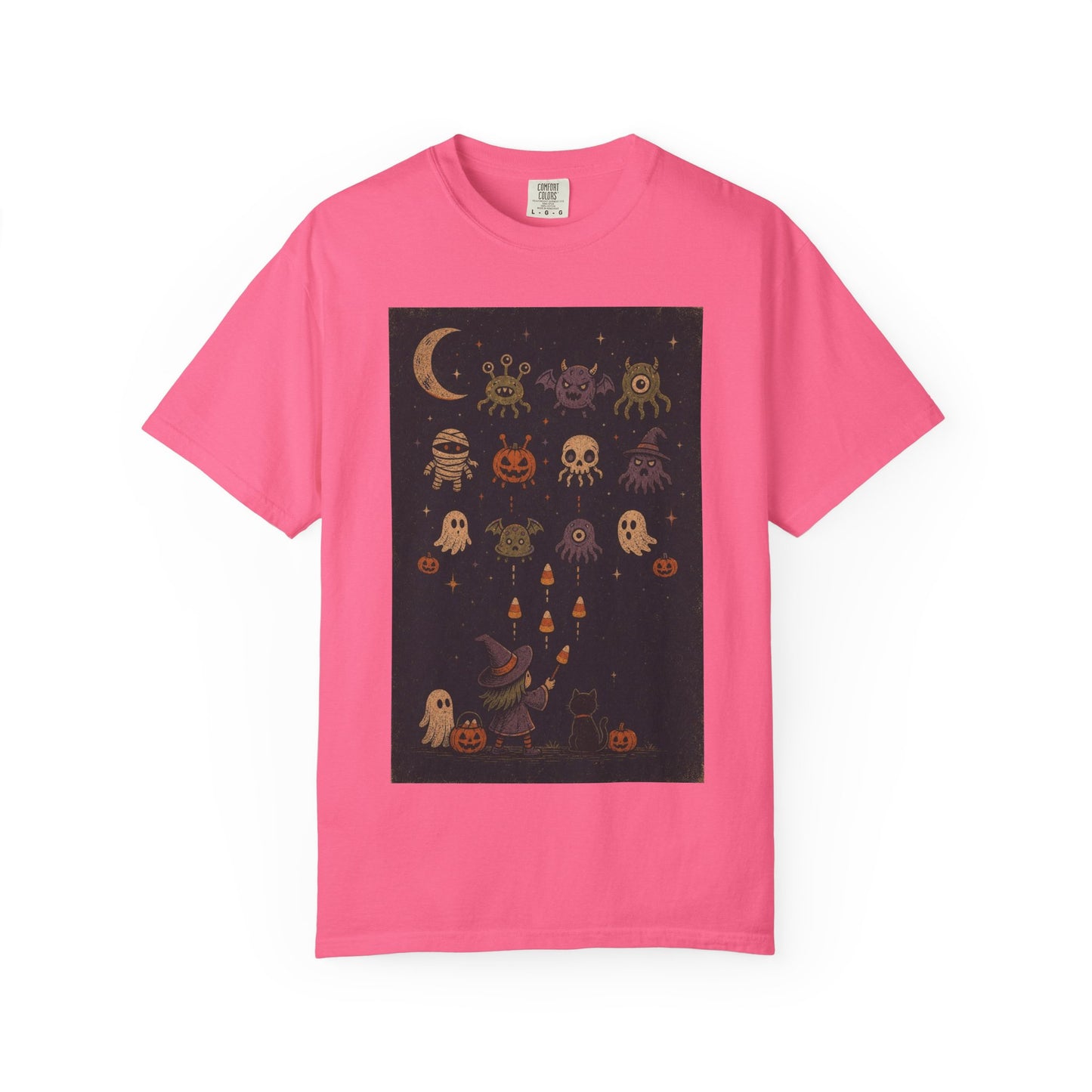 Cute Halloween Witch and Ghosts T-Shirt | Pumpkin Moon Spooky Illustration
