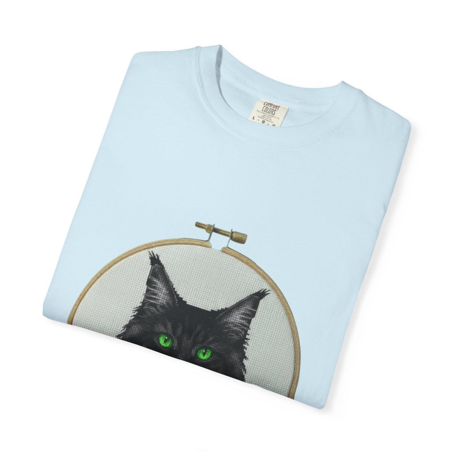 Black Cat Portrait T-Shirt | Embroidery Hoop Art, Green Eyes