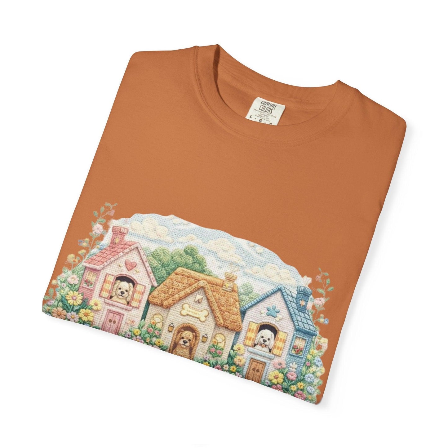 Cute Cottage Row illustration T-shirt | pastel village floral path