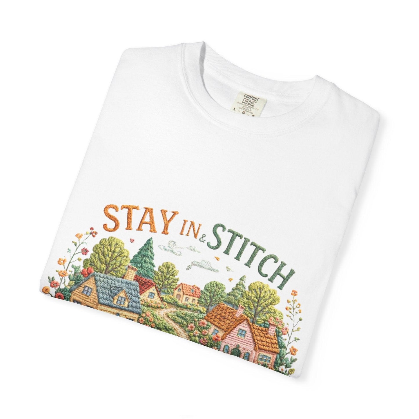 Stay In and Stitch Shirt, Cottagecore Sewing Tee, Grandma Hobbies Top, Vintage Cross Stitch Floral Village