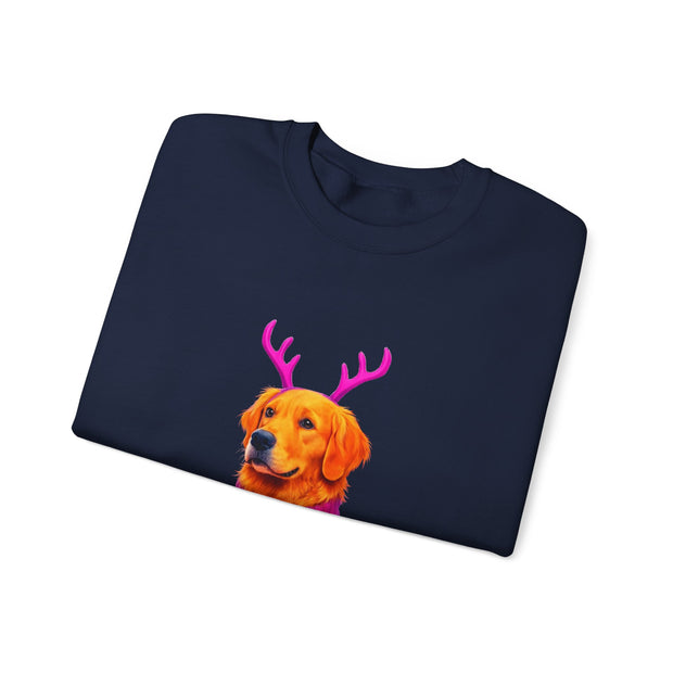 Golden Retriever in Festive Sweater Sweatshirt | Reindeer Antlers Holiday Dog