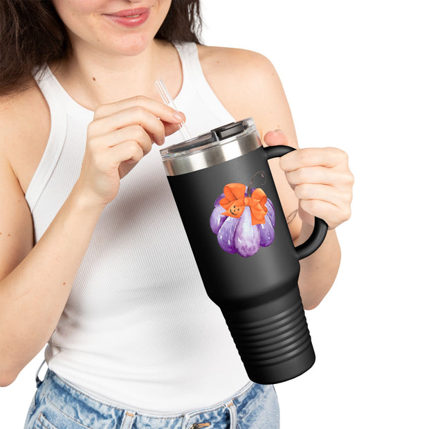 Purple Pumpkin Wrapped In A Bow Insulated Travel Mug, 40oz
