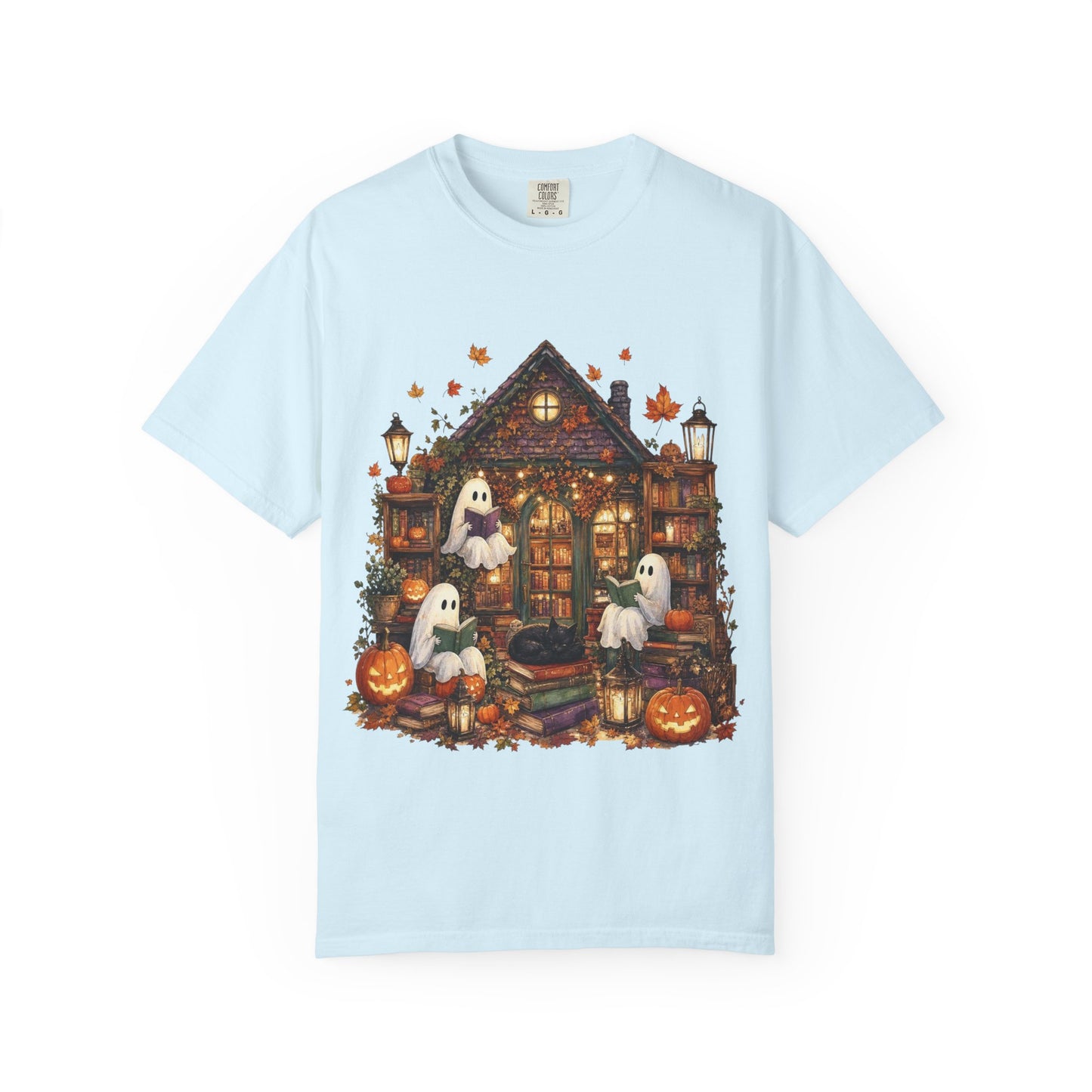Cute Ghosts Haunted House T-Shirt, Halloween Pumpkin Shirt, Autumn Leaves Graphic Tee, Spooky Cute Fall Shirt, Cozy Halloween Gift