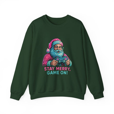 Santa with Game Controller Crewneck, Stay Merry Game On Holiday Sweatshirt