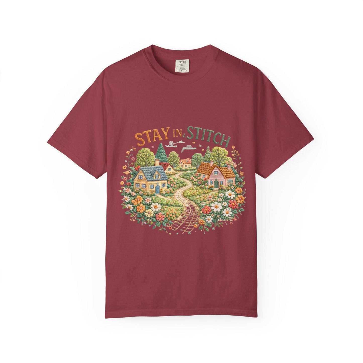 Stay In and Stitch Shirt, Cottagecore Sewing Tee, Grandma Hobbies Top, Vintage Cross Stitch Floral Village