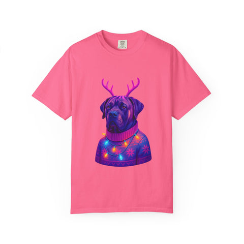 Neon English Mastiff Dog with Antlers T-Shirt | Christmas Sweater Lights Design