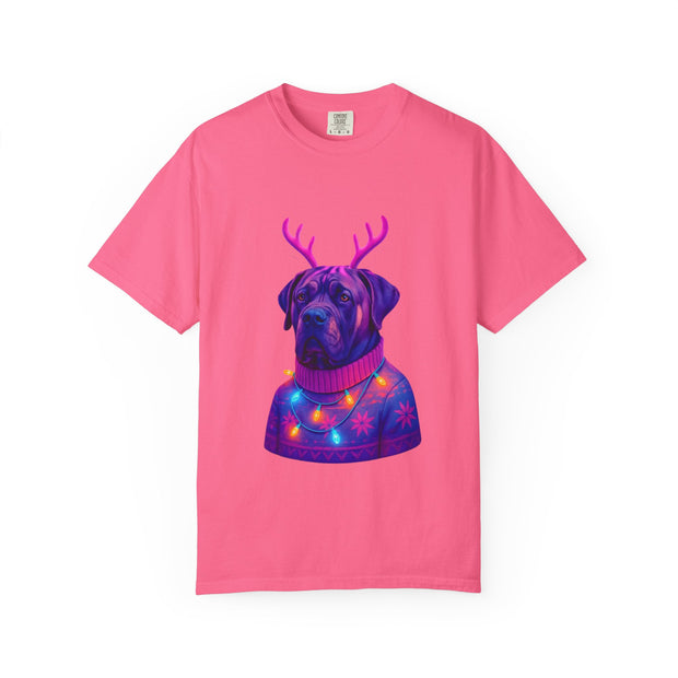 Neon English Mastiff Dog with Antlers T-Shirt | Christmas Sweater Lights Design