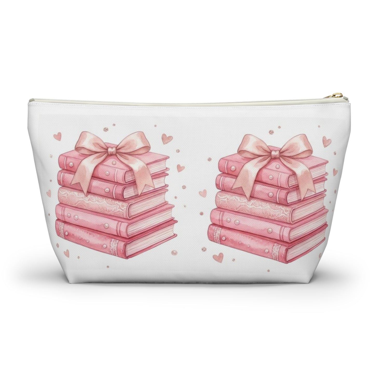 Stacked Pink Books with Bow Accessory Pouch | Cute Book Lover Cosmetic Bag