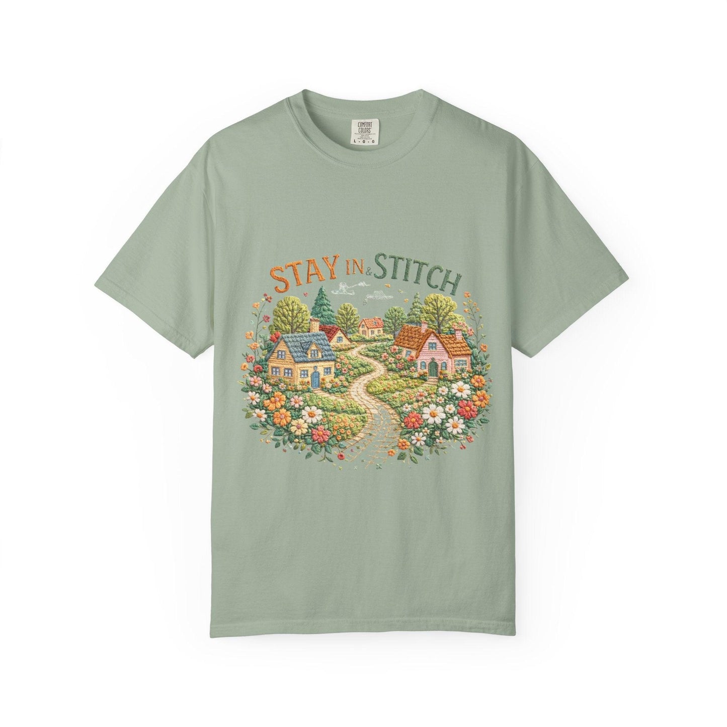 Stay In and Stitch Shirt, Cottagecore Sewing Tee, Grandma Hobbies Top, Vintage Cross Stitch Floral Village