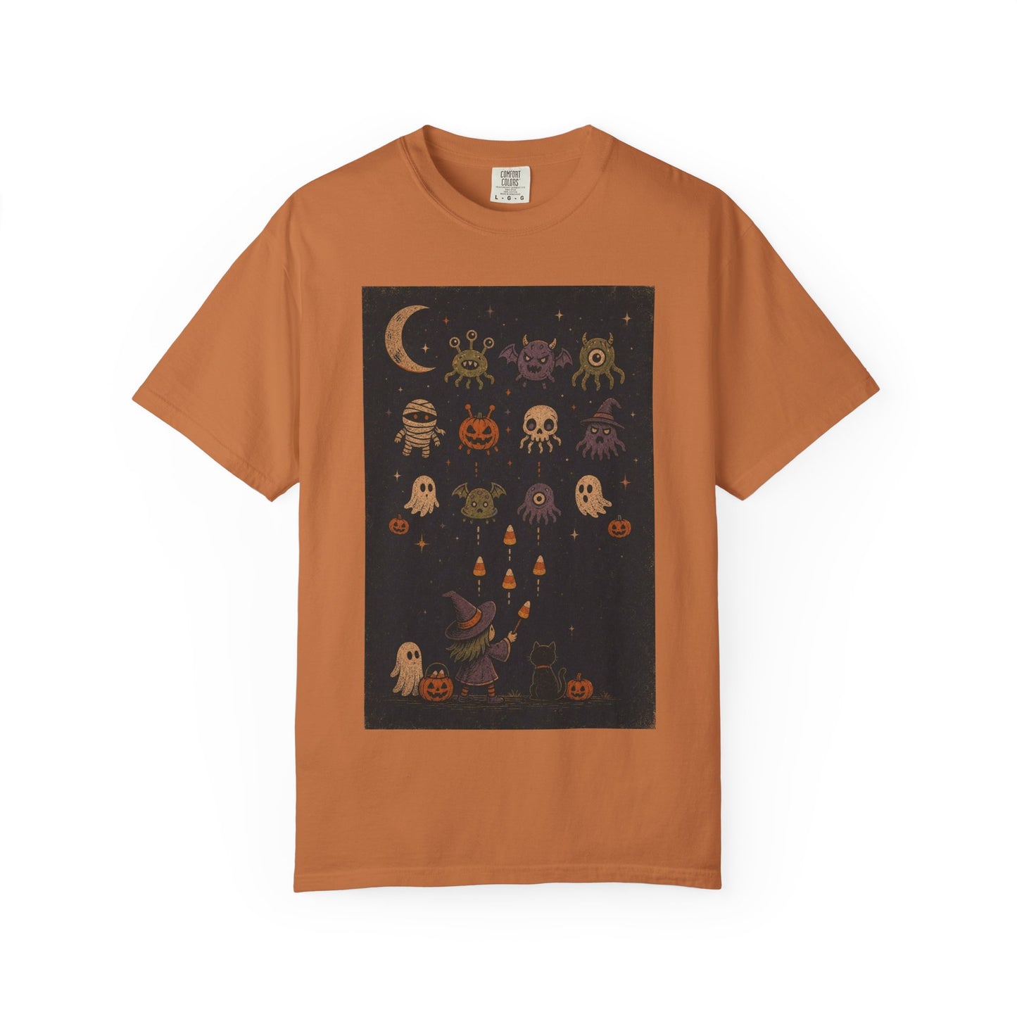 Cute Halloween Witch and Ghosts T-Shirt | Pumpkin Moon Spooky Illustration