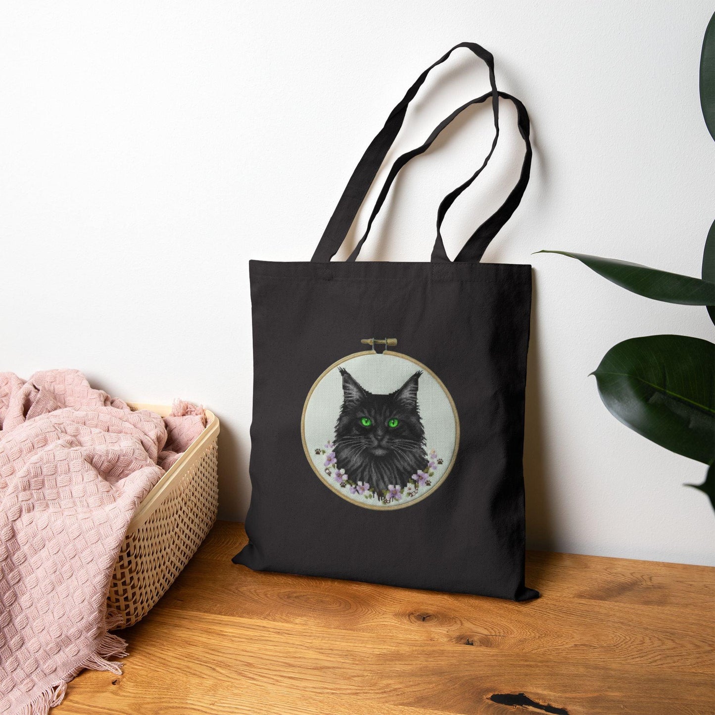 Black Cat Portrait Tote Bag | Embroidery Hoop Illustration, Green Eyes
