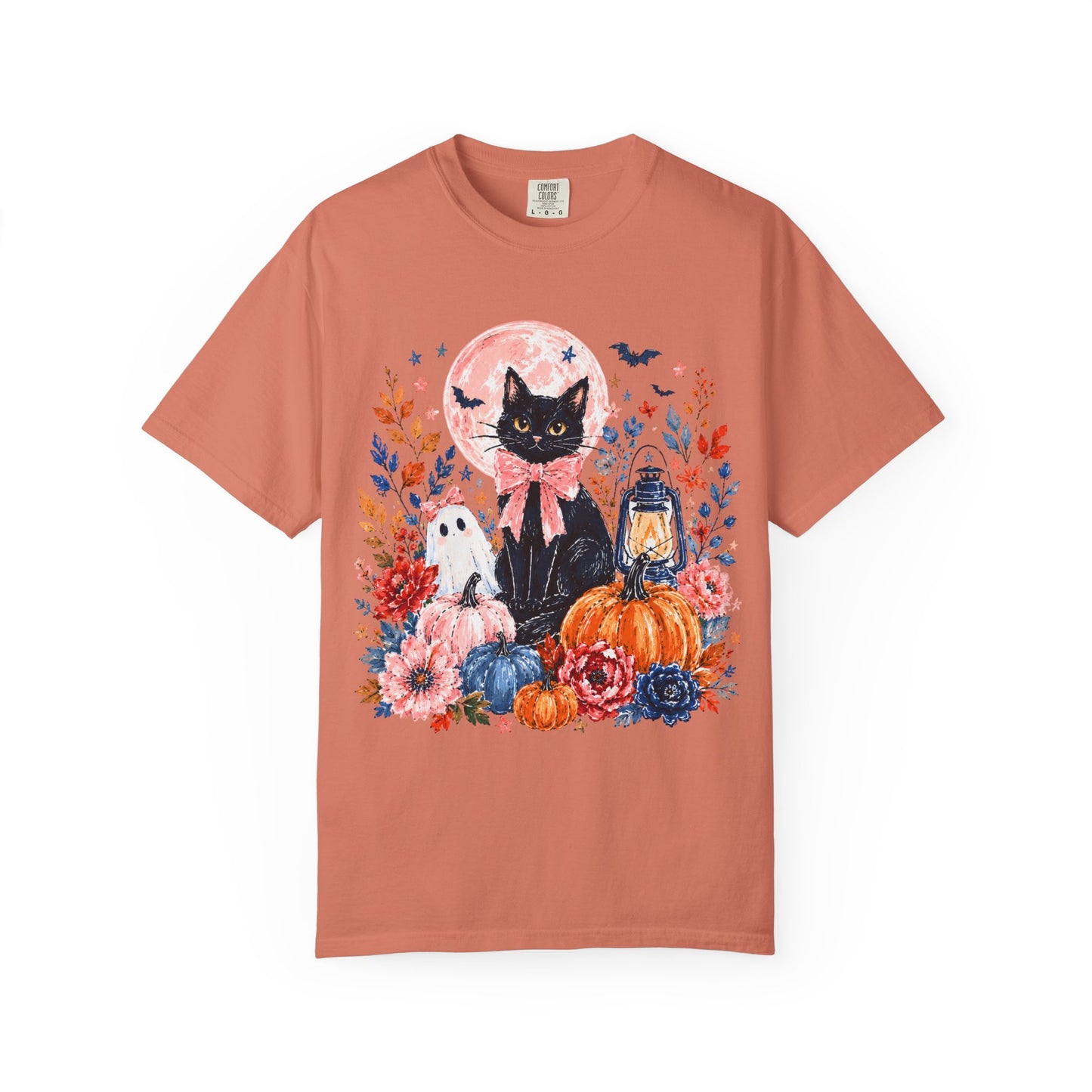 Black Cat with Pumpkins T-shirt | Halloween Moon Lantern Floral Design